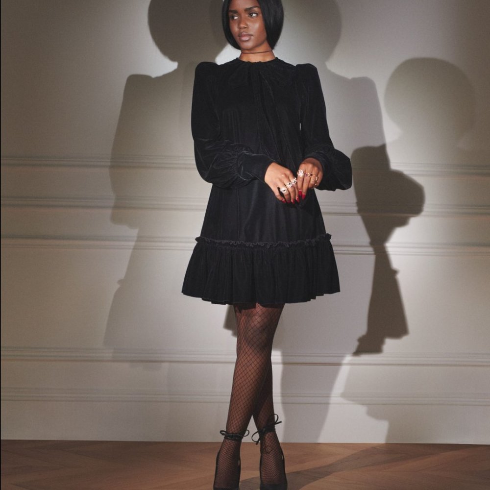 The Vampire's Wife x H&M | Black Velvet Ruffle Mini Dress | Size: Medium